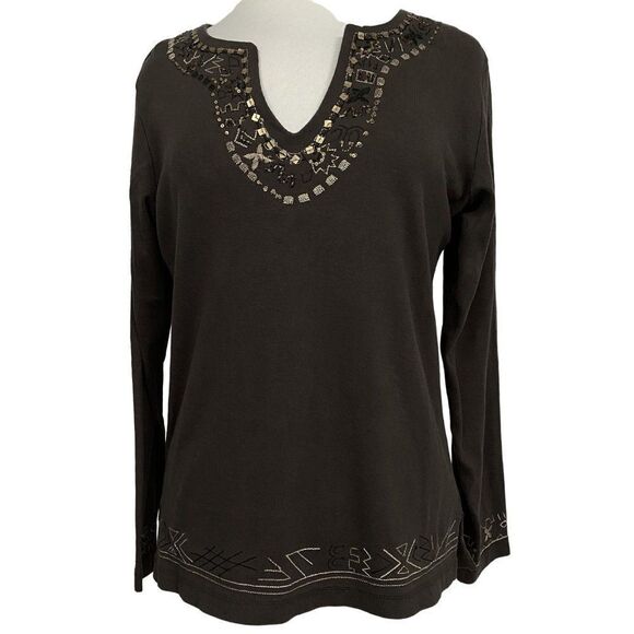 Chico's Tops - Chico's Embroidered & Beaded Pullover V-Neck Pullover Top 100% Cotton Bark Brown
